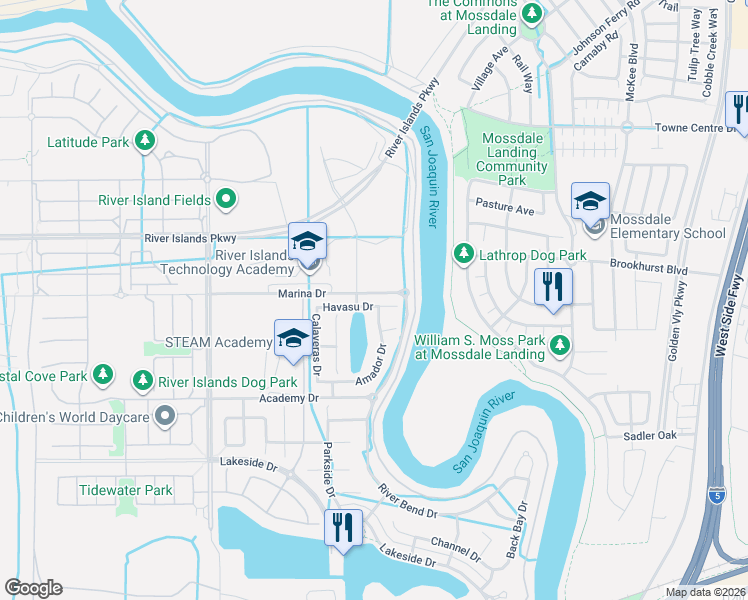 map of restaurants, bars, coffee shops, grocery stores, and more near 977 Havasu Drive in Lathrop
