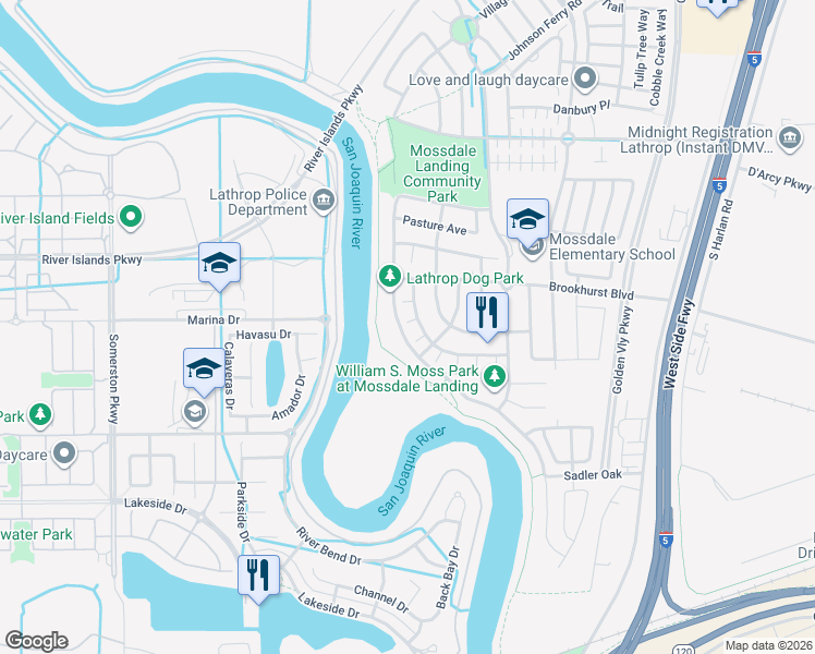 map of restaurants, bars, coffee shops, grocery stores, and more near 758 Honeycomb Lane in Lathrop