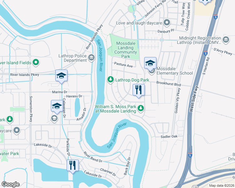 map of restaurants, bars, coffee shops, grocery stores, and more near 728 Honeycomb Lane in Lathrop