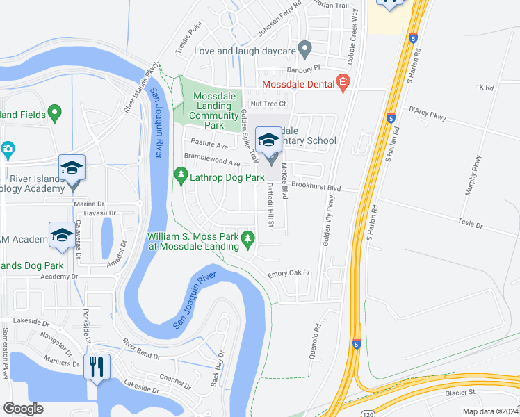 map of restaurants, bars, coffee shops, grocery stores, and more near 17840 Golden Spike Trail in Lathrop