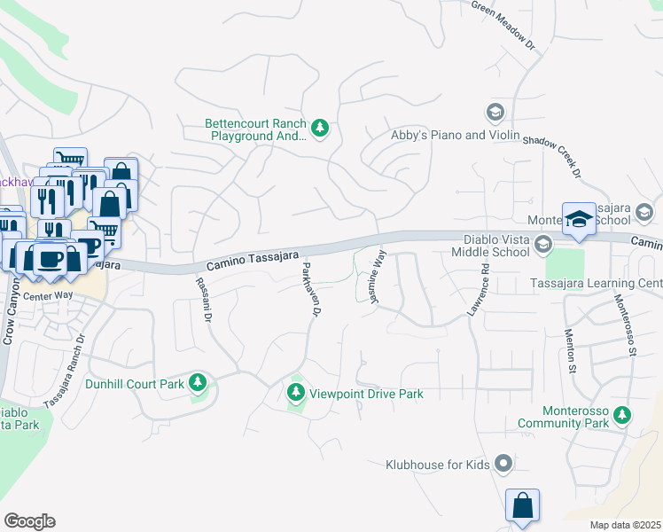 map of restaurants, bars, coffee shops, grocery stores, and more near 4000 Camino Tassajara in Danville