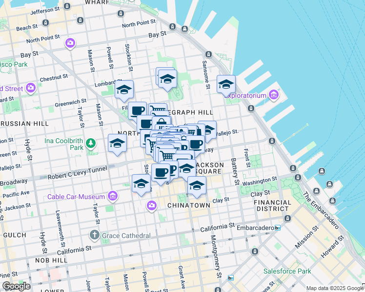 map of restaurants, bars, coffee shops, grocery stores, and more near 1136 Kearny Street in San Francisco