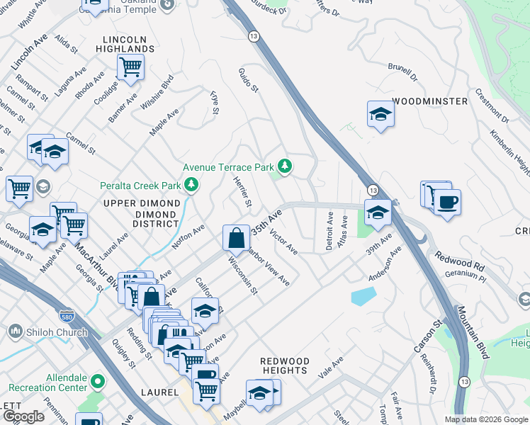 map of restaurants, bars, coffee shops, grocery stores, and more near 4226 Midvale Avenue in Oakland