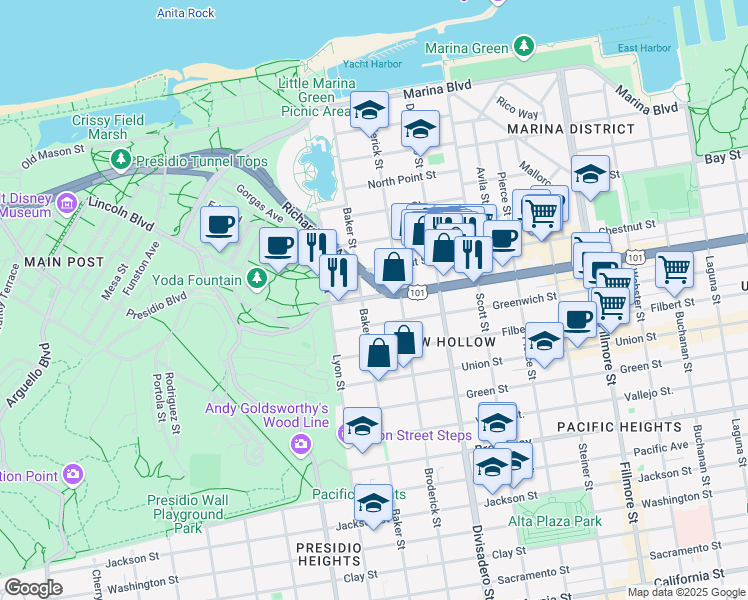 map of restaurants, bars, coffee shops, grocery stores, and more near 2671 Lombard Street in San Francisco