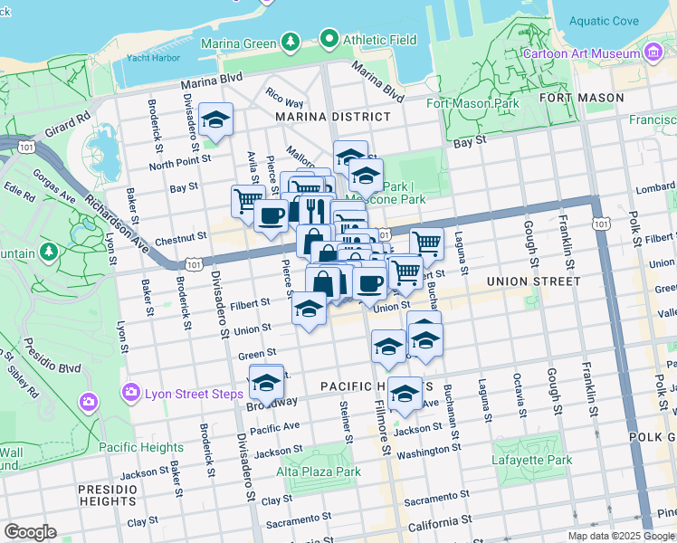 map of restaurants, bars, coffee shops, grocery stores, and more near 2251 Greenwich Street in San Francisco