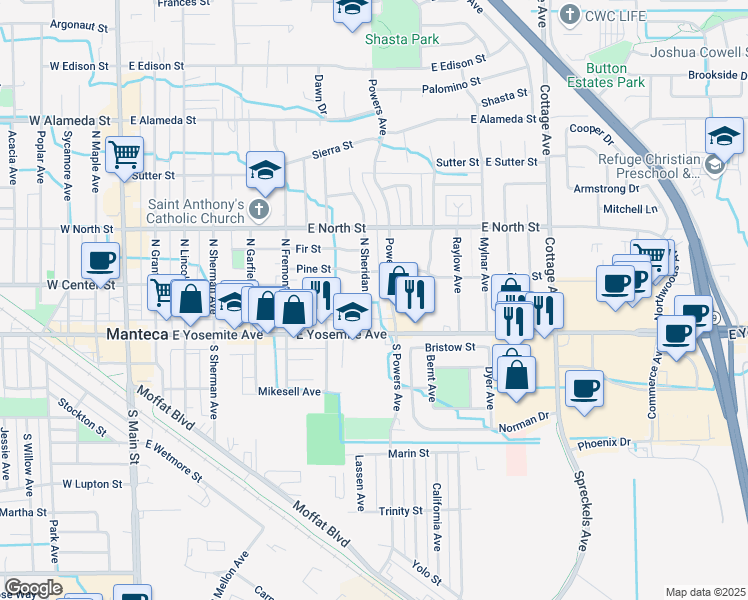 map of restaurants, bars, coffee shops, grocery stores, and more near 154 North Sheridan Avenue in Manteca