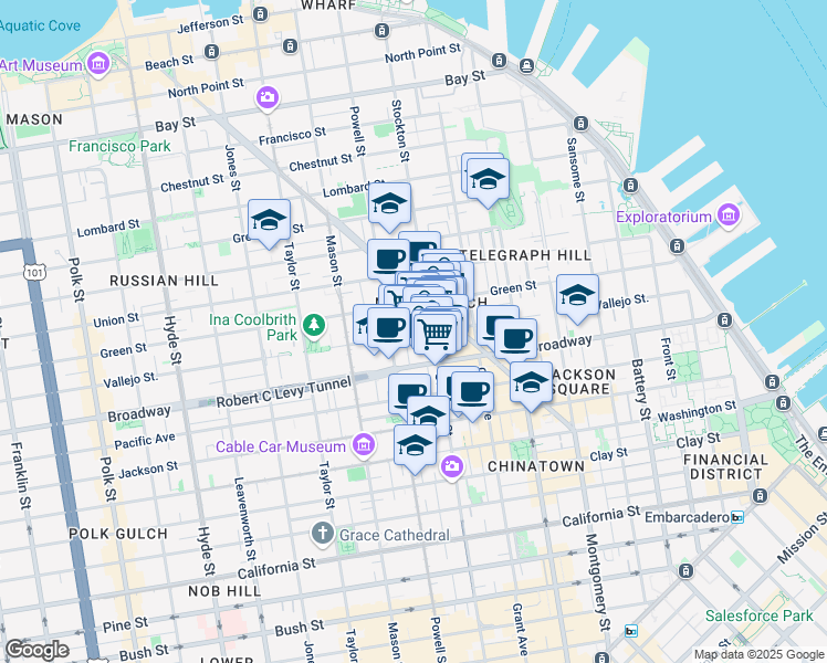 map of restaurants, bars, coffee shops, grocery stores, and more near 736 Vallejo Street in San Francisco