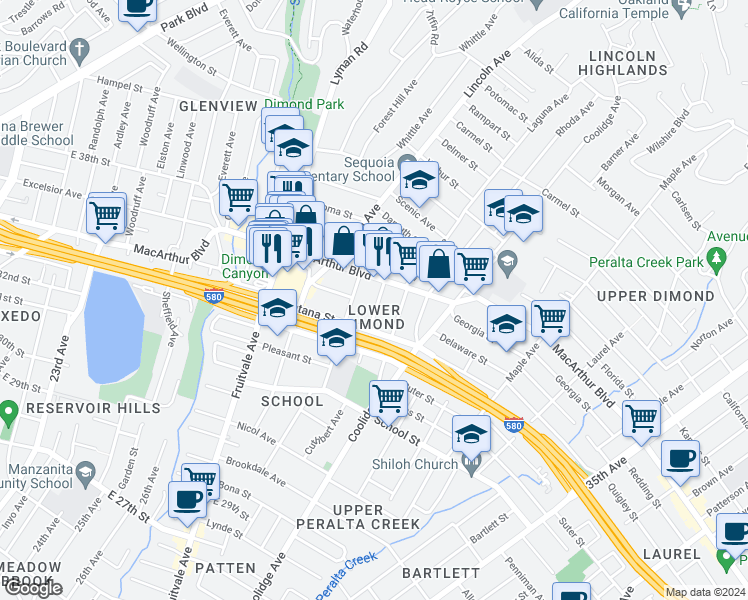 map of restaurants, bars, coffee shops, grocery stores, and more near 3441 Wilson Avenue in Oakland
