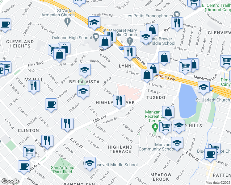 map of restaurants, bars, coffee shops, grocery stores, and more near 2825 Vallecito Place in Oakland