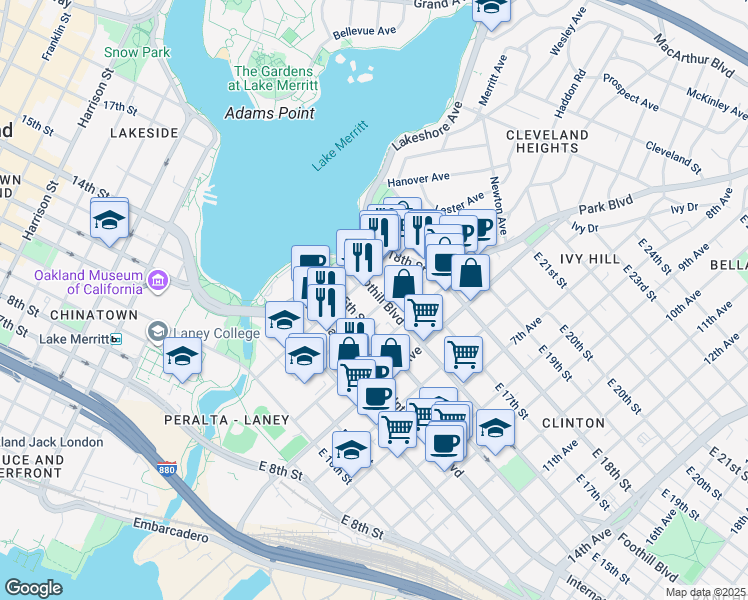 map of restaurants, bars, coffee shops, grocery stores, and more near 1521 3rd Avenue in Oakland