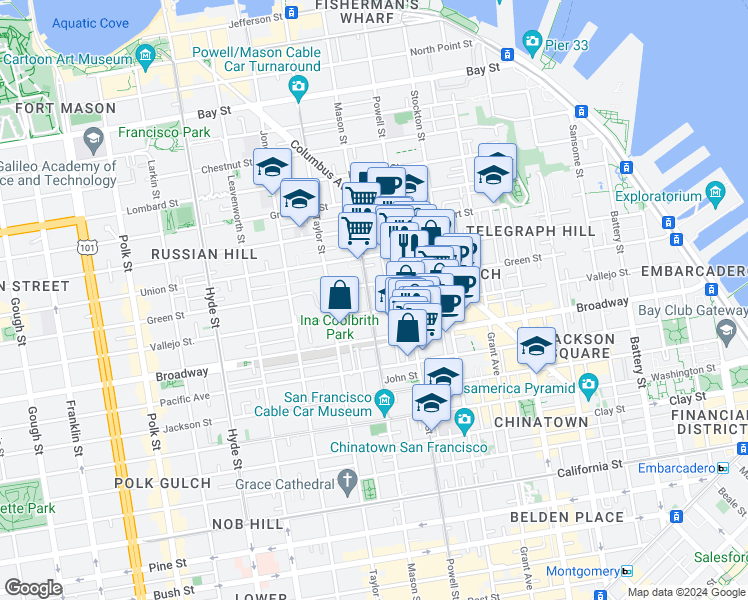 map of restaurants, bars, coffee shops, grocery stores, and more near in San Francisco