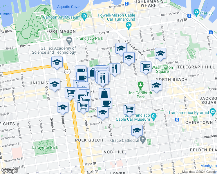 map of restaurants, bars, coffee shops, grocery stores, and more near 1134 Green Street in San Francisco