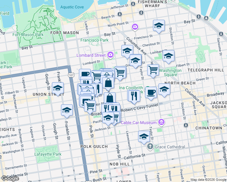 map of restaurants, bars, coffee shops, grocery stores, and more near 1134 Green Street in San Francisco
