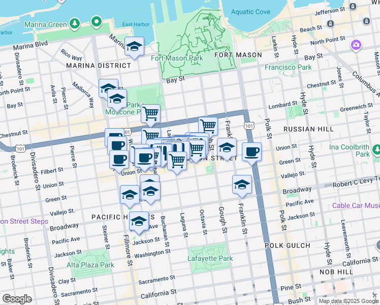 map of restaurants, bars, coffee shops, grocery stores, and more near 1857 Filbert Street in San Francisco