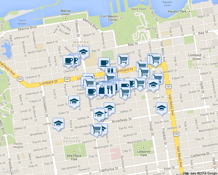 map of restaurants, bars, coffee shops, grocery stores, and more near 2028 Filbert Street in San Francisco