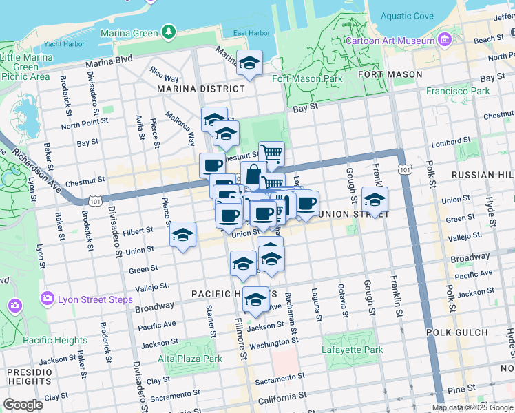map of restaurants, bars, coffee shops, grocery stores, and more near 2028 Filbert Street in San Francisco