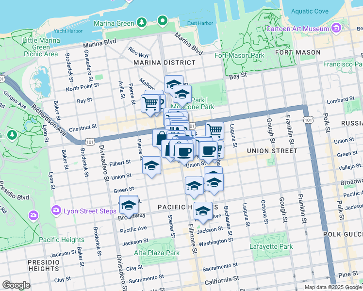 map of restaurants, bars, coffee shops, grocery stores, and more near 201 Pixley Street in San Francisco