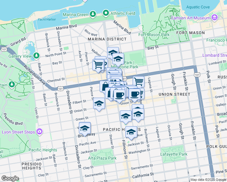 map of restaurants, bars, coffee shops, grocery stores, and more near in San Francisco