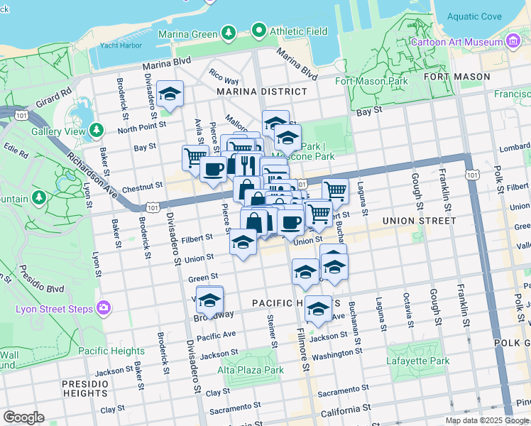map of restaurants, bars, coffee shops, grocery stores, and more near 3144 Steiner Street in San Francisco