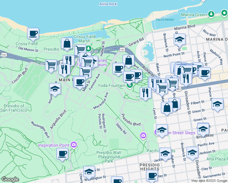 map of restaurants, bars, coffee shops, grocery stores, and more near 549 Presidio Boulevard in San Francisco