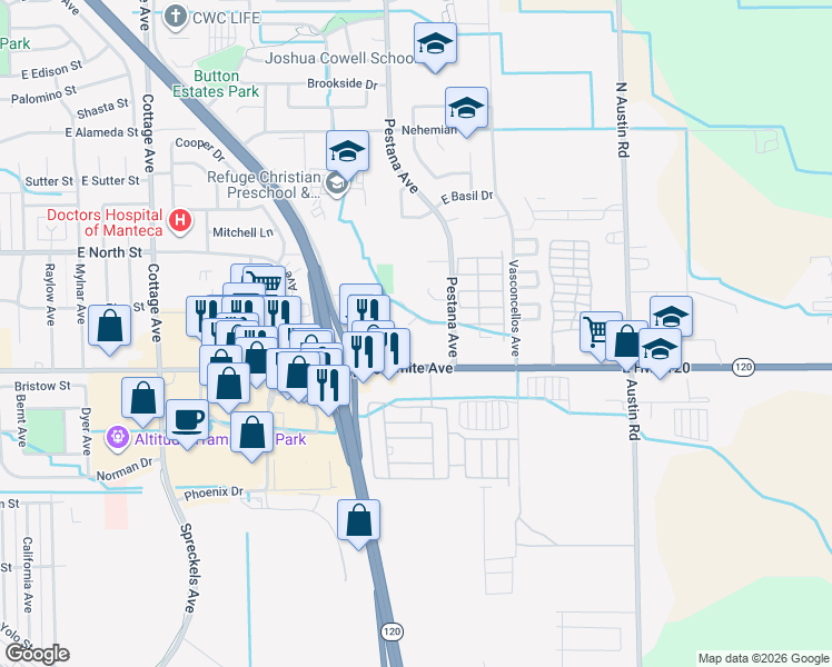 map of restaurants, bars, coffee shops, grocery stores, and more near 190 Sky Place in Manteca