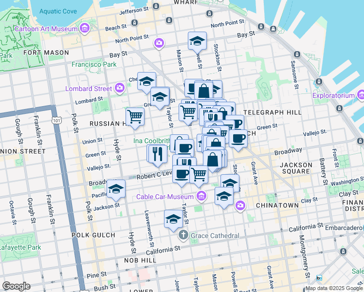 map of restaurants, bars, coffee shops, grocery stores, and more near 950-998 Vallejo Street in San Francisco