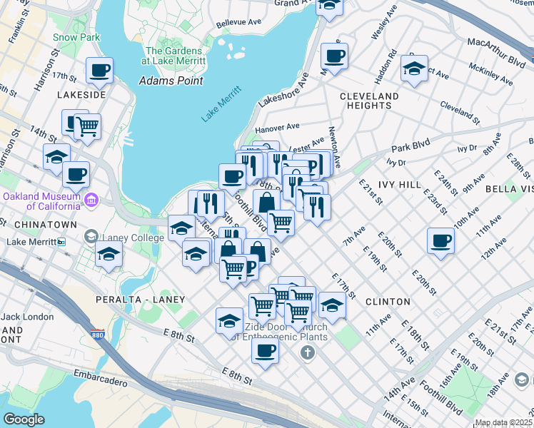 map of restaurants, bars, coffee shops, grocery stores, and more near 319 East 17th Street in Oakland