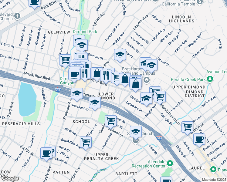 map of restaurants, bars, coffee shops, grocery stores, and more near 3467 Laguna Avenue in Oakland