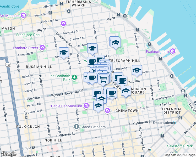 map of restaurants, bars, coffee shops, grocery stores, and more near 729 Vallejo Street in San Francisco