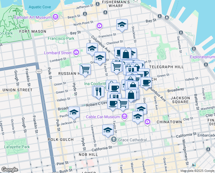 map of restaurants, bars, coffee shops, grocery stores, and more near 1725 Taylor Street in San Francisco