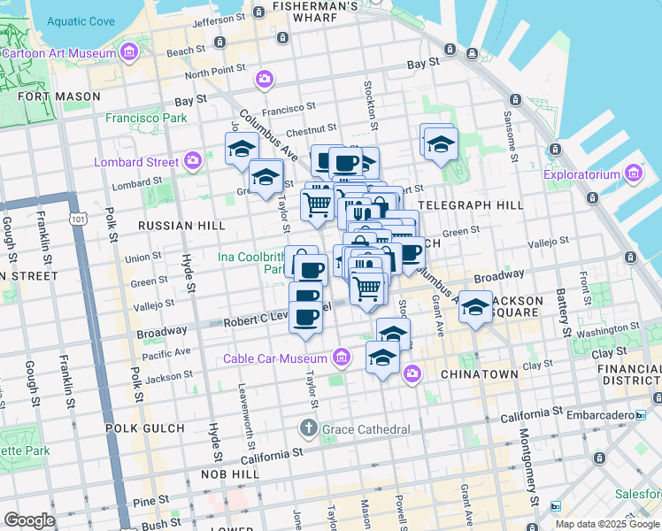 map of restaurants, bars, coffee shops, grocery stores, and more near 1618 Mason Street in San Francisco