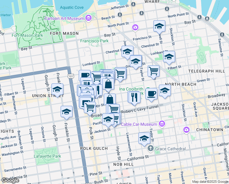 map of restaurants, bars, coffee shops, grocery stores, and more near 1134 Green Street in San Francisco