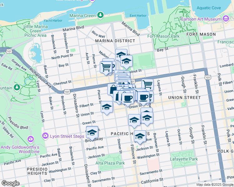 map of restaurants, bars, coffee shops, grocery stores, and more near 2251 Greenwich Street in San Francisco