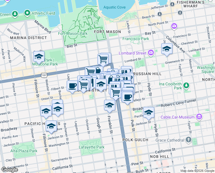 map of restaurants, bars, coffee shops, grocery stores, and more near 1568 Union Street in San Francisco