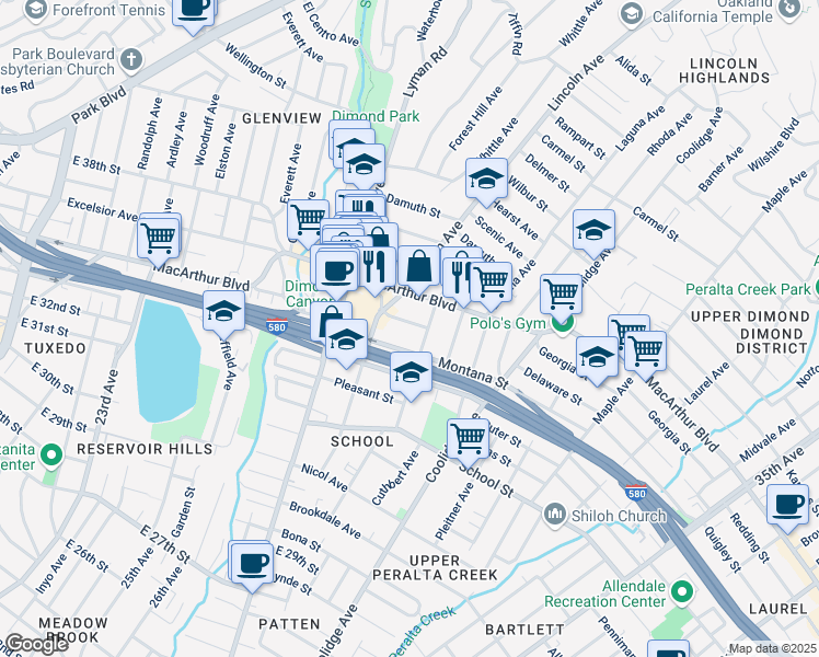 map of restaurants, bars, coffee shops, grocery stores, and more near 2451 Palmetto Street in Oakland