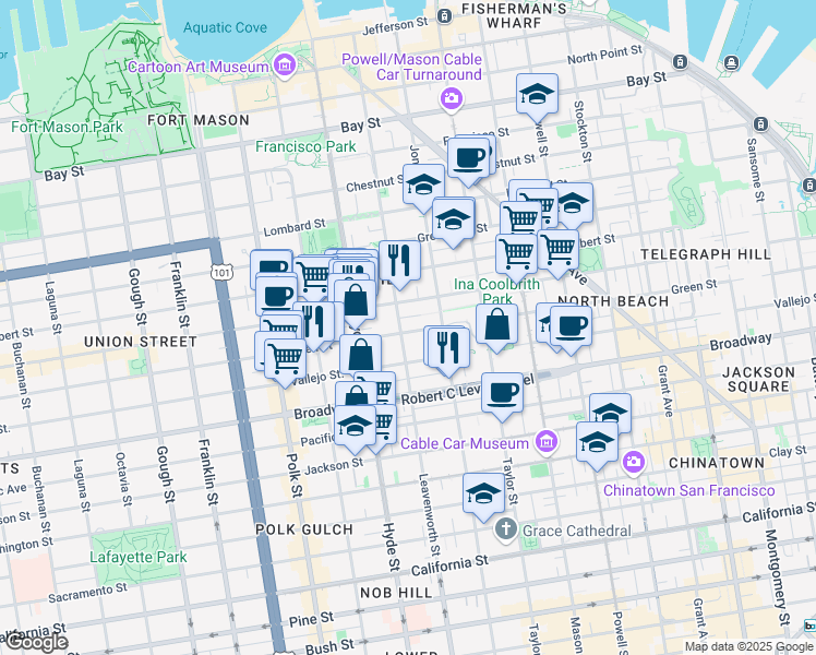 map of restaurants, bars, coffee shops, grocery stores, and more near 1088 Green Street in San Francisco