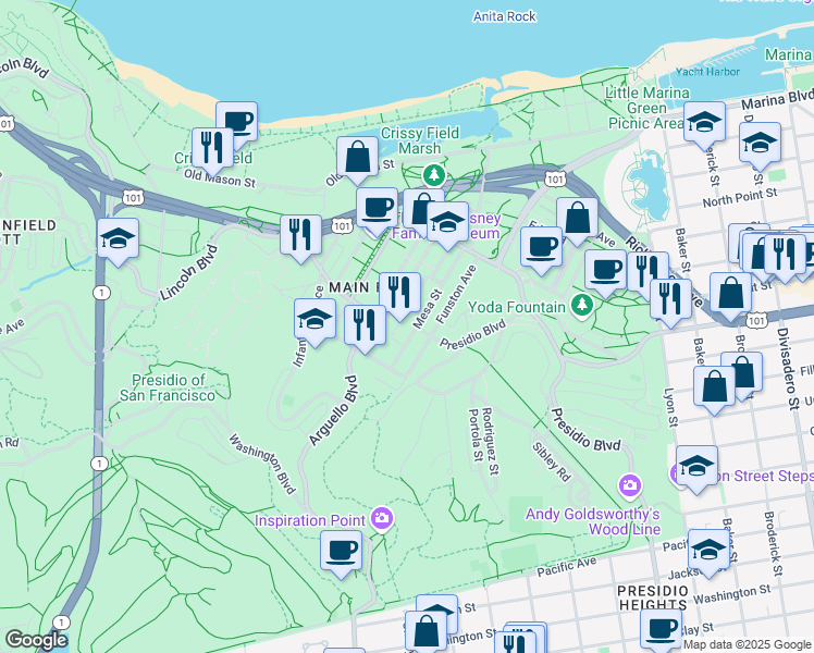 map of restaurants, bars, coffee shops, grocery stores, and more near 12 Mesa Street in San Francisco