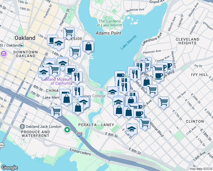 map of restaurants, bars, coffee shops, grocery stores, and more near 1201 Lakeshore Avenue in Oakland