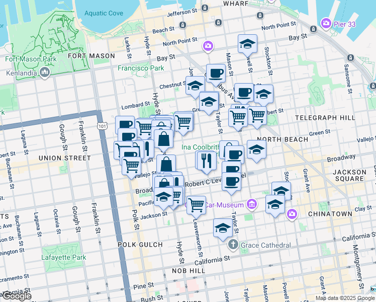 map of restaurants, bars, coffee shops, grocery stores, and more near 1088 Green Street in San Francisco
