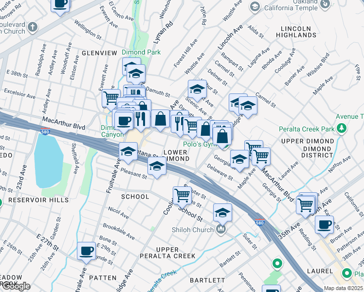 map of restaurants, bars, coffee shops, grocery stores, and more near 3467 Laguna Avenue in Oakland