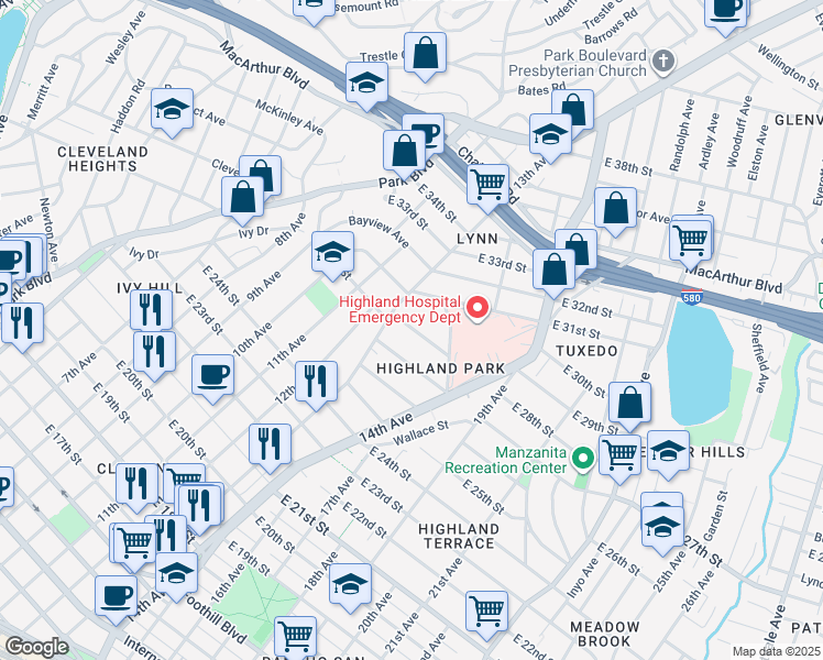 map of restaurants, bars, coffee shops, grocery stores, and more near 1331 East 28th Street in Oakland