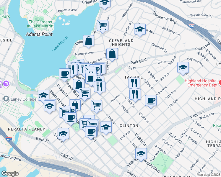 map of restaurants, bars, coffee shops, grocery stores, and more near in Oakland