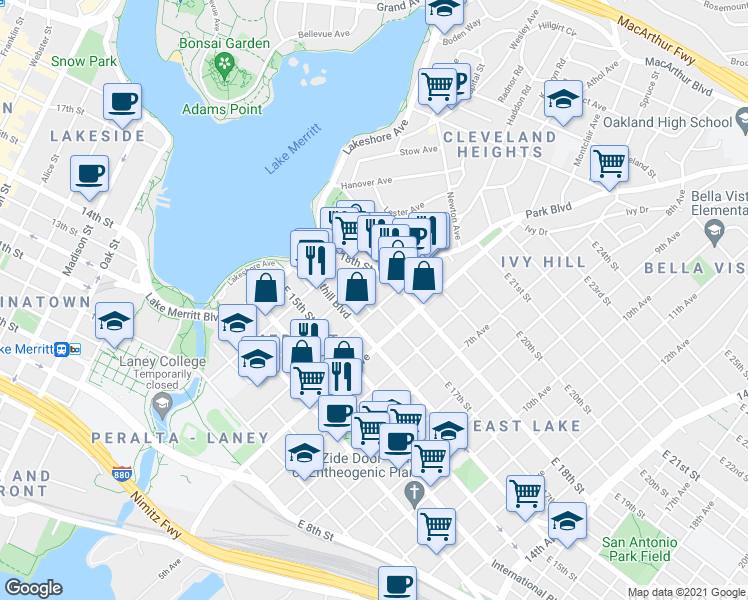 map of restaurants, bars, coffee shops, grocery stores, and more near 1738 4th Avenue in Oakland