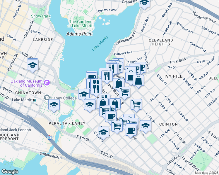 map of restaurants, bars, coffee shops, grocery stores, and more near 1521 3rd Avenue in Oakland