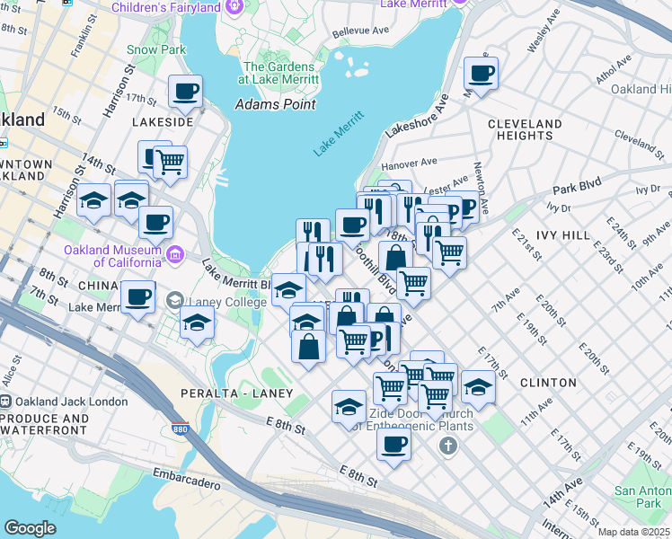 map of restaurants, bars, coffee shops, grocery stores, and more near 1429 2nd Avenue in Oakland