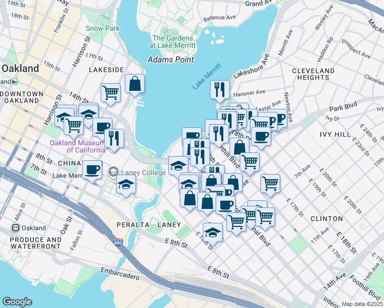 map of restaurants, bars, coffee shops, grocery stores, and more near in Oakland