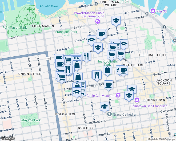map of restaurants, bars, coffee shops, grocery stores, and more near in San Francisco