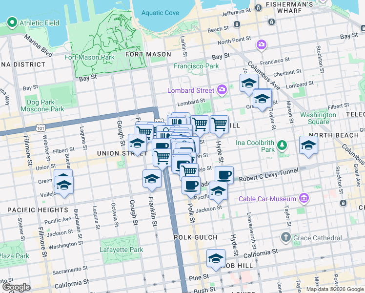 map of restaurants, bars, coffee shops, grocery stores, and more near in San Francisco