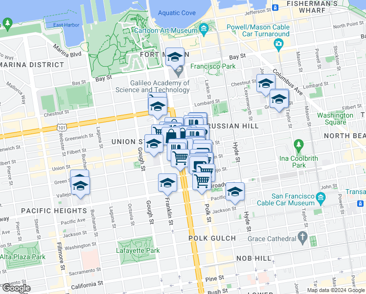 map of restaurants, bars, coffee shops, grocery stores, and more near 2500 Van Ness Avenue in San Francisco
