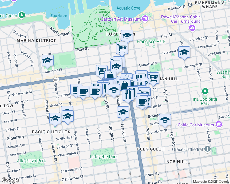 map of restaurants, bars, coffee shops, grocery stores, and more near 1596 Union Street in San Francisco
